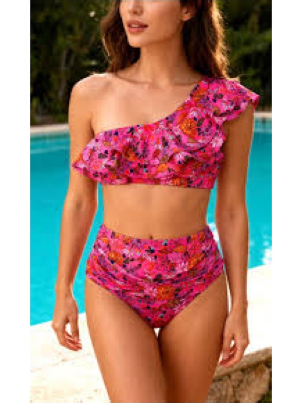 Sporlike Pink Neon Floral Ruffle One Shoulder Bikini Top